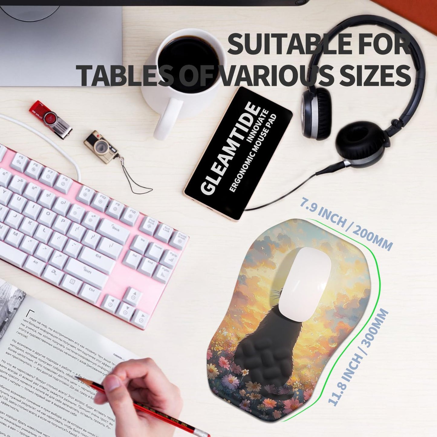Ergonomic Raised Mouse Pad Wrist Support with Bilateral Slope Memory Foam Mousepad for Wrist Rest and Carpal Tunnel Pain Relief 11.8x7.9〃 Black
