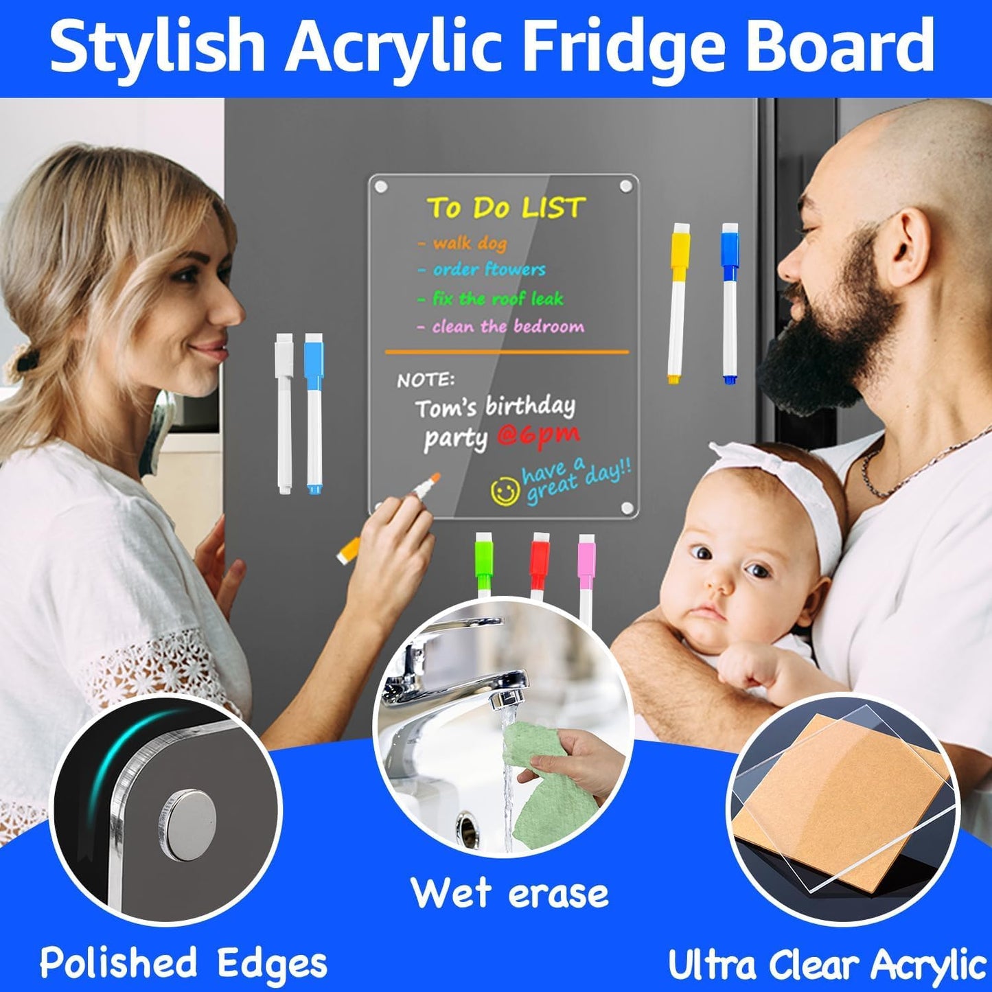 PigPotParty Acrylic Magnetic to Do List Whiteboard for Refrigerator, 12x9.5 Inch Clear Dry Erase Checklist Board, 3-Column Fridge List with Pre-Installed Embedded Magnet, 8 Markers and 1 Towel
