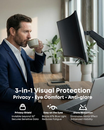 2-Pack 27 Inch Computer Privacy Screen Filter (23.9" × 13.5") for 16:9 Curved & Flat Monitors – Nano-Suction Bezel (Tape-Free Instant Install) – Anti-Glare, Blue Light Blocking, Washable