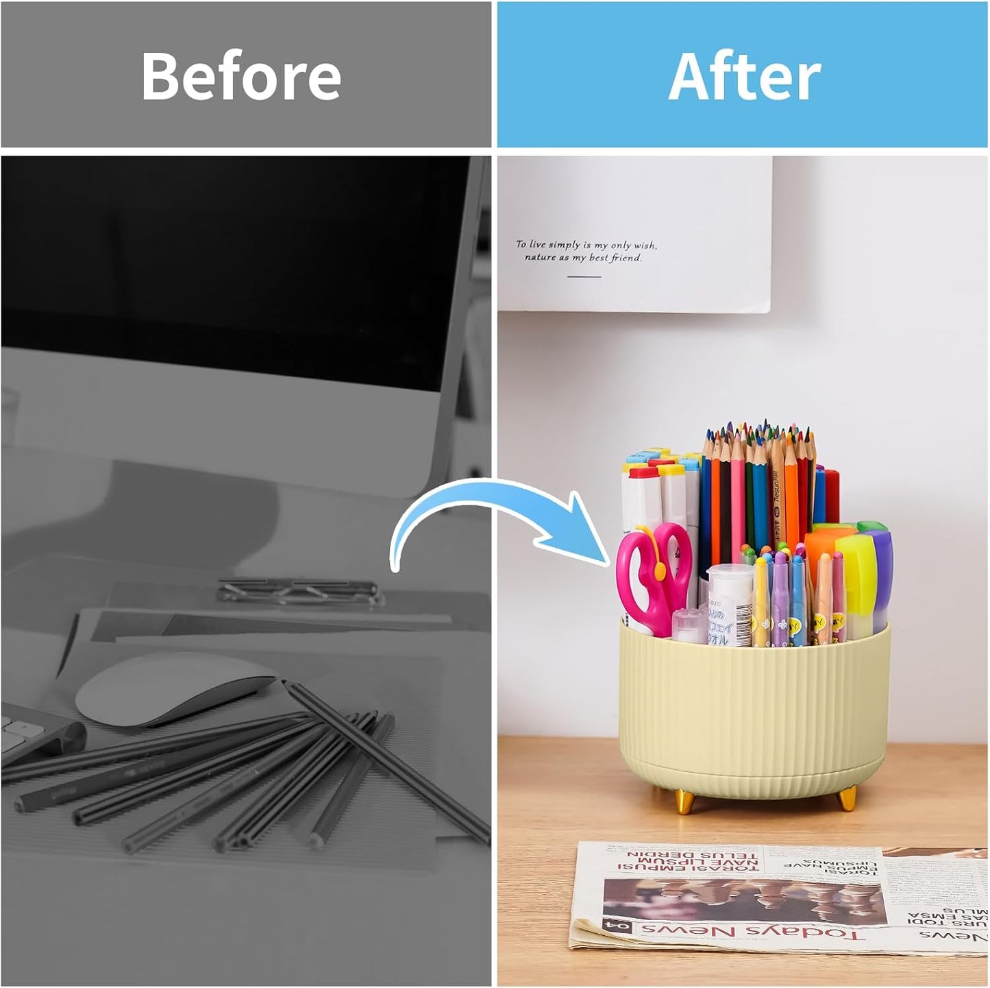 Marbrasse Desk Organizer, 360-Degree Rotating Pen Holder, Desk Organizers and Accessories with 5 Compartments Pencil Holder, Art Supply Storage Box Caddy for Office, Home（White）