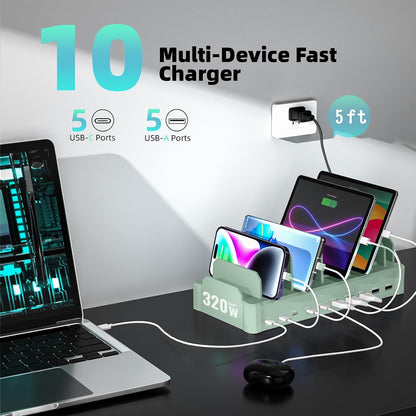 420W Charging Station for Multiple Devices, Zobirez 10-Port USB C Fast Charger Stations for MacBook, iPhone, Android Cell Phone, iPad, Tablet, Family Multi-Device Organizer Charging Dock, White