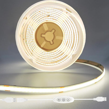 USB Light Strip Warm White 3000K CRI 92+ Small Dimmable COB LED Strip Light Cuttable 5V USB Powered 6 ft 10W for TV Backlight Cabinet Bedroom Indoor DIY Lighting Project