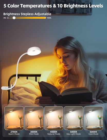 LiFMIRA Reading Light for Beds Headboards, Clip on Light LED Reading Book Light with Clamp Eye-Friendly Desk Lamp 3 Color Modes & 10 Brightness Flexible Reading Lights for Books in Bed Bedside Black