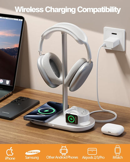 HiWe 4-in-1 RGB Gaming Headphone Stand with Dual Controller Holder, Wireless Charger for iPhone/Apple Watch, USB-A & USB-C Outputs, Adapter Included, Black