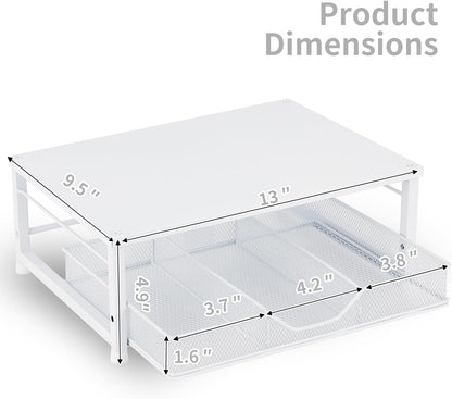 Wood Metal Monitor Stand Riser, Laptop Stand for Desk, Office Desk Organizer and Accessories, Computer Desktop Shelf with Drawer and Pen Holder, Printer Stand for Home, Office, Dorm (Natural Wood)