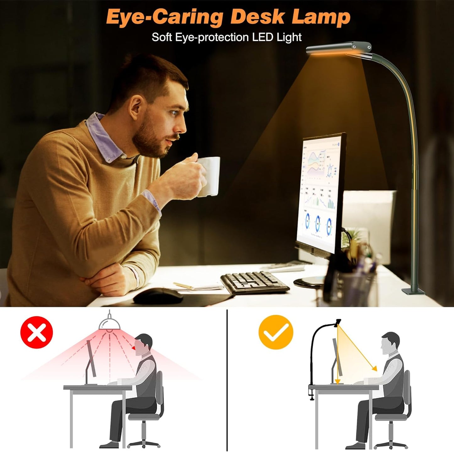 Airlonv LED Desk Lamp for Office Home, Eye-Caring Desk Light with Stepless Dimming Adjustable Flexible Gooseneck, 10W USB Adapter Desk Lamp with Clamp for Reading, Study, Workbench (Black)