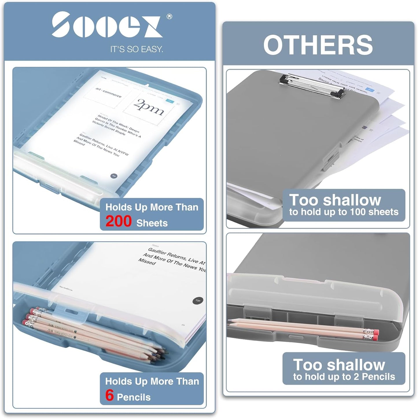 Sooez Clipboard with Storage, Clip Board 8.5 x 11 with Pen Holder, Plastic Organization Case Box for Letter Legal A4 Size Paper, Low Profile Clip, Nurses Teachers Must Haves, School & Office Supplies