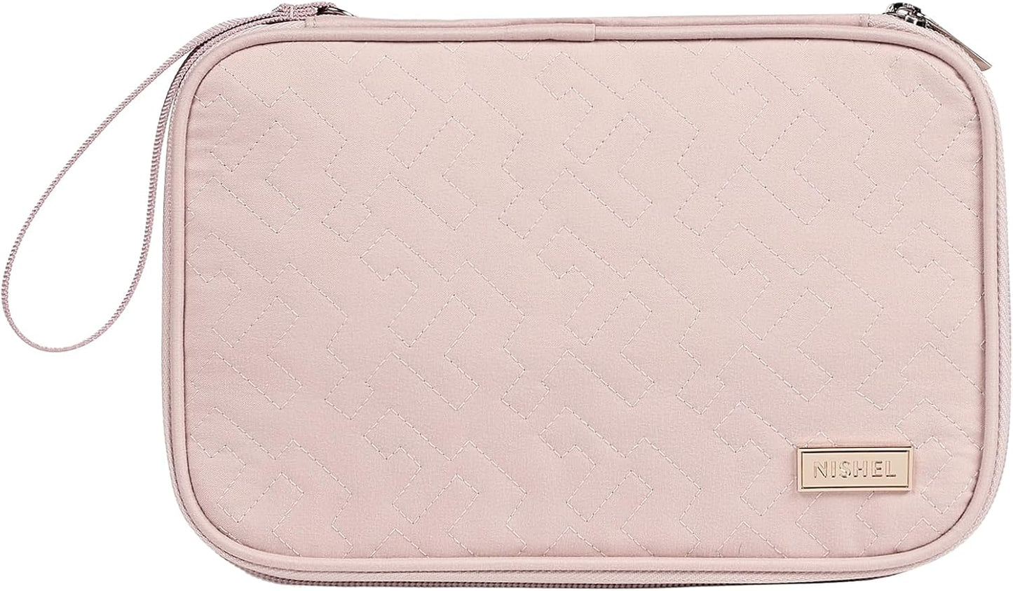 NISHEL Travel Cord Organizer Case, Double Layers Tech Electronic Bag, Essentials for Charger, Cable, Phone, Flash drive, Medium, Pink