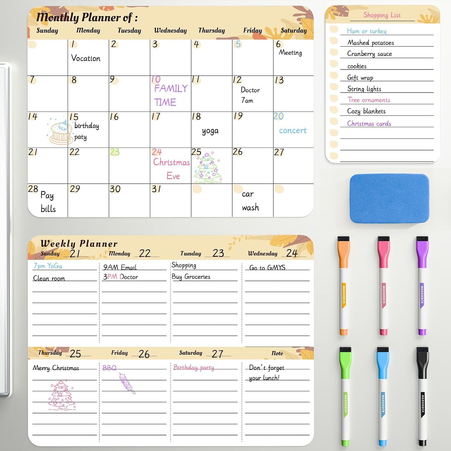 Marsrock Dry Erase White Board with Stand,Double-Sided Weekly Whiteboard 16"x12", 10 Markers, 6 Magnets, 1 Eraser, Portable Desktop Whiteboard for Planning,Weekly Schedule Board for School for Home