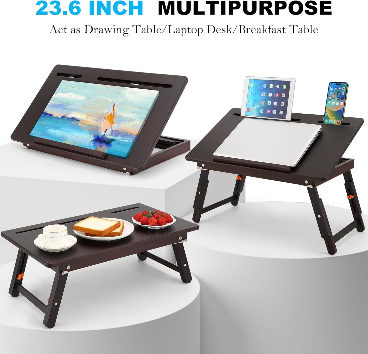 Nnewvante Drawing Table Foldable Drafting Desk with Adjustable Height & Angle Bamboo Drawing Board Easel with Tablet and Phone Slots for Painting, Drafting, Writing, Reading