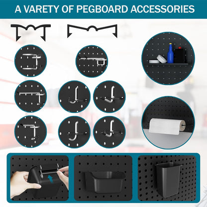 Metal Peg Board Kit with 1/4" Pegboard Accessories, 6 Pack 12"X24" Pegboard and 264PCS Extra Thick Pegboard Accessories,Wall Organizer Peg Board Panels Tool Organizer Storage System (Black)