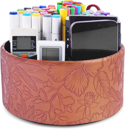 Round Leather Art Supply Organizer,Remote Control Holder,360 Degree Rotating,Multi-Functional Pencil Holder,4 Compartments Desktop Stationary Organizer(1-Fractal Flower) | Round - Colors C