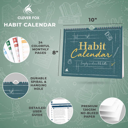 Clever Fox Habit Tracker Calendar – Inspirational Goal Tracker and Habit Calendar for Atomic Habits – Colorful Habit & Goal Planner Journal to Boost Productivity – 24 Months, 10″ x 8″ (Black)