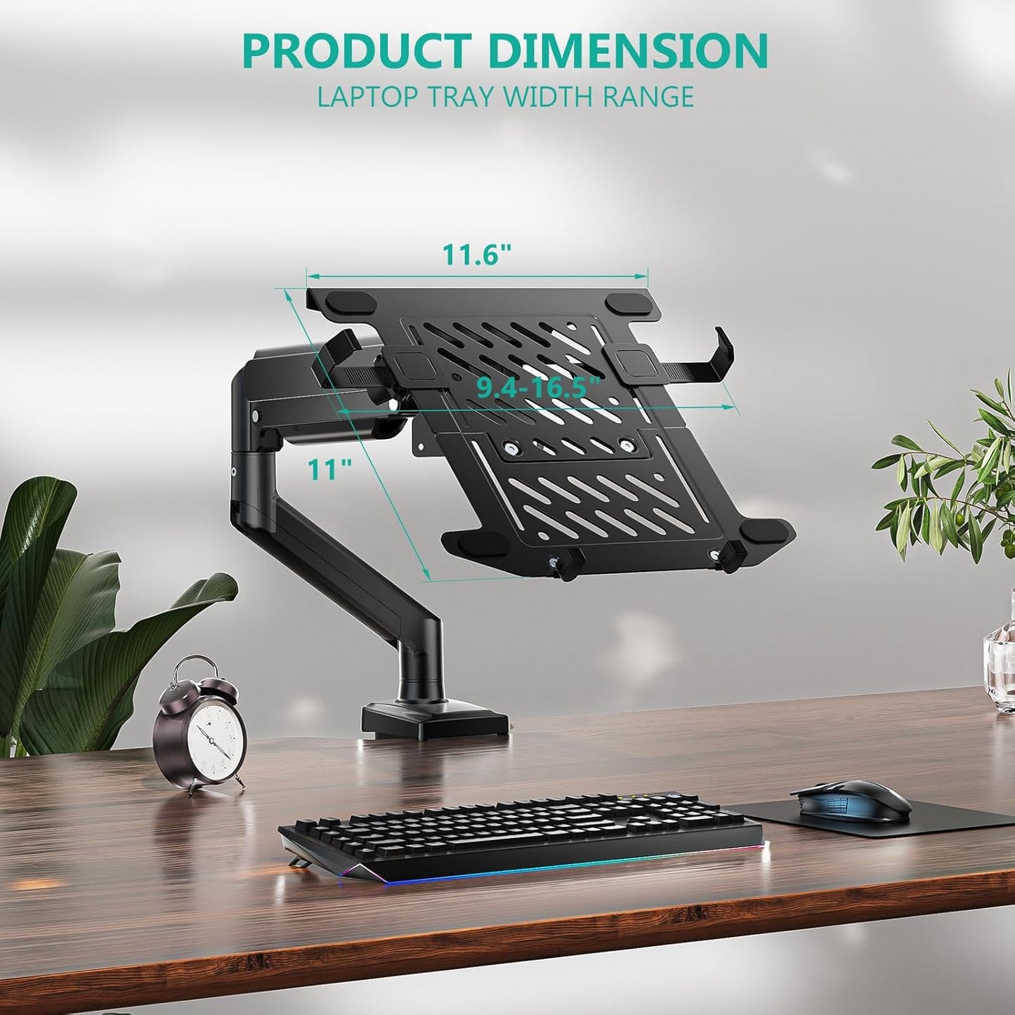 WALI Laptop Desk Mount for 17 inch Notebook, Adjustable Single Monitor Arm with Laptop Holder for 32 inch Screen, Laptops Stand with Ventilated Tray, Up to 22 lbs, (M00LP), Black