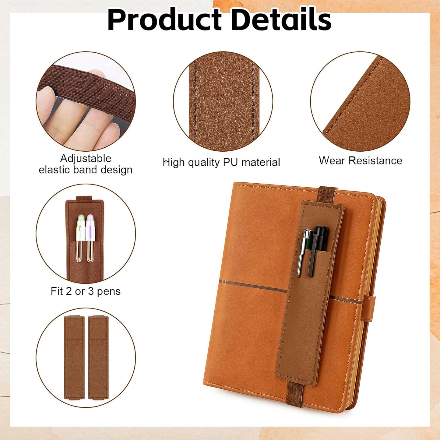 Tokusatsu 2 Pack Adjustable Elastic Pen Holder for Notebook, PU Leather Pencil Pouch with Stretchable Band, Fits Journals, Binders, Planners, Books, Portable Pen Sleeve Pouch, Off-White
