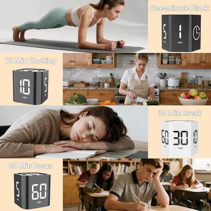Rotating Cube Timer - 5/30/10/60min Presets, Gravity Sensor Pomodoro Stopwatch, 3 Sound Modes, ADHD Study Tool for Office/Kitchen/Classroom (F4 White)