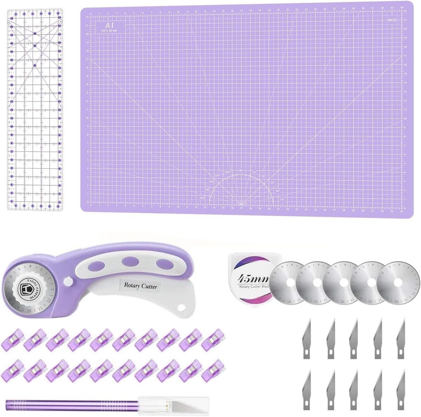Headley Tools Rotary Cutter Set - 45mm Fabric Cutter, 5 Extra Rotary Blades, A3 Cutting Mat, Quilting Ruler and Sewing Clips, Craft Knife Set, Ideal for Crafting, Sewing, Patchworking, Purple