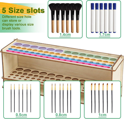 Wooden Paint Brush Holder Artist Brush Holder 67 Hole Paintbrush Holder Desktop Organizer Wood Paint Brush Rack for Pens Pencils and Art Tools