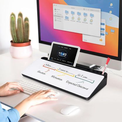 DOLLAR BOSS Glass Desk Whiteboard Calendar Small Dry Erase Board Desktop White Board with Storage Drawer Computer Keyboard Stand Desk Organizer, Colorful Weekly Calendar, Black
