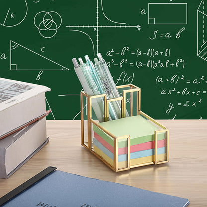 BTSKY Golden Glass Sticky Note Holder for 3x3 Inch Sticky Notes, Elegant Post It Note Dispenser with Non-Slip Pads Clear Notepad Holder for Desk Organization Planning, Home Office Decor