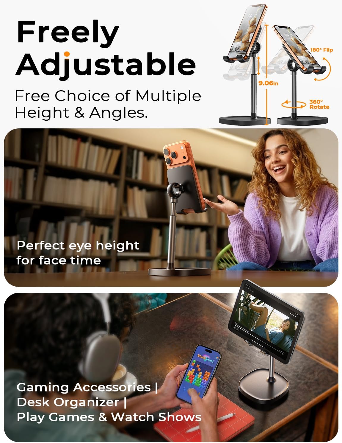 LISEN Cell Phone Stand Phone Holder for Desk Office Decor, Office Desk Accessories Women PC Gaming Essentials iPhone Stand Gadgets Men Gift for Father Fit OtterBox Case Switch iPad Air Tablet 4-10 in