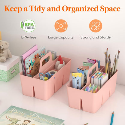 Lifewit 2 Pcs Plastic Caddy Organizer with Handle, Portable Art Supply Storage for Craft Supplies, Cosmetics, Holds Pencil, Crayon, Brushes, Hair Product, Dorm Shower Caddy, Clear, 25 x 15x 17cm