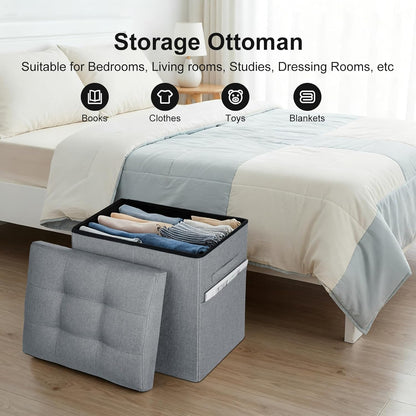 Storage Ottoman with Extra Thick Foam Padded Seat, Foldable Foot Rest Stool with Linen Fabric, 43L Ottoman with Storage Bench for Bedroom Living Room, Holds Up to 300lbs, 17x13x13in, Dark Gray