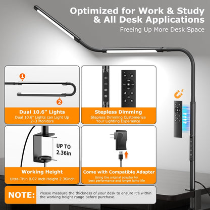 Airlonv LED Desk Lamp for Office Home, Eye-Caring Desk Light with Stepless Dimming Adjustable Flexible Gooseneck, 10W USB Adapter Desk Lamp with Clamp for Reading, Study, Workbench (Black)