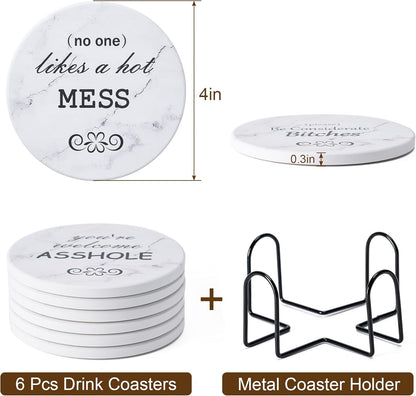 6Pcs Drink Coasters with Holder, Marble Style Ceramic Drink Coaster, Absorbent Coasters Set Suitable for Kinds of Cups, Modern Style Coaster for Coffee Table, 4 Inches