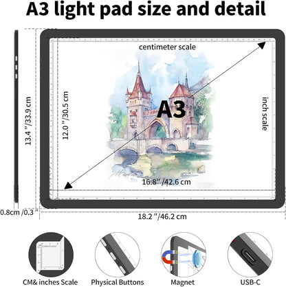 Heanolier Rechargeable A3 Tracing Light Box Drawing Pad,5600 Lux Bright Magnetic light pad, Dimmable Lightbox,3 color modes,light board for Diamond painting,light table for Sketching,Tattoo,X-ray View