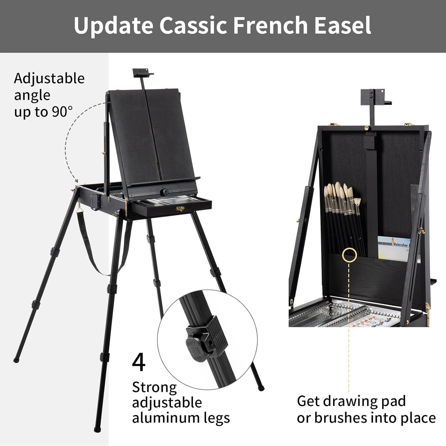Falling in Art Light Weight French Style Field and Sketchebox Easel with Aluminum Tripod, Adjustable Beechwood Tripod Standing Easel with Drawer, Palette
