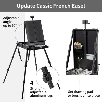 Falling in Art Light Weight French Style Field and Sketchebox Easel with Aluminum Tripod, Adjustable Beechwood Tripod Standing Easel with Drawer, Palette