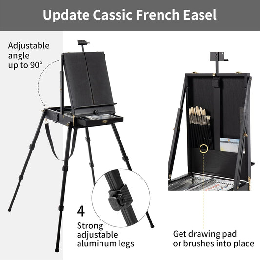 Falling in Art Light Weight French Style Field and Sketchebox Easel with Aluminum Tripod, Adjustable Beechwood Tripod Standing Easel with Drawer, Palette