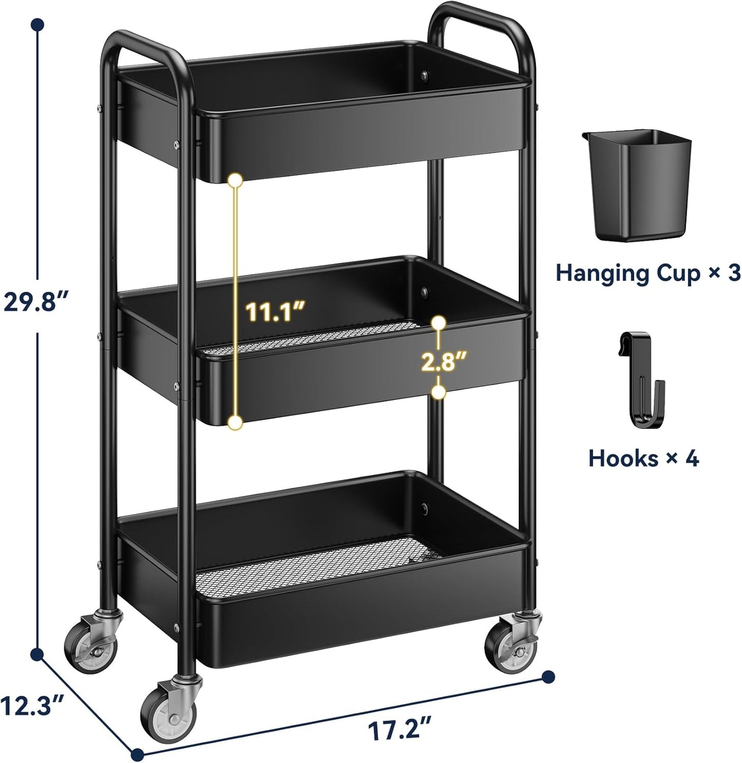 YASONIC 3 Tier Rolling Cart - Metal Utility Cart with Wheels, Hanging Cups, Hooks, Heavy Duty Mesh Rolling Storage Cart Organizer, Craft Cart for Kitchen Office, Lightweight and Sturdy