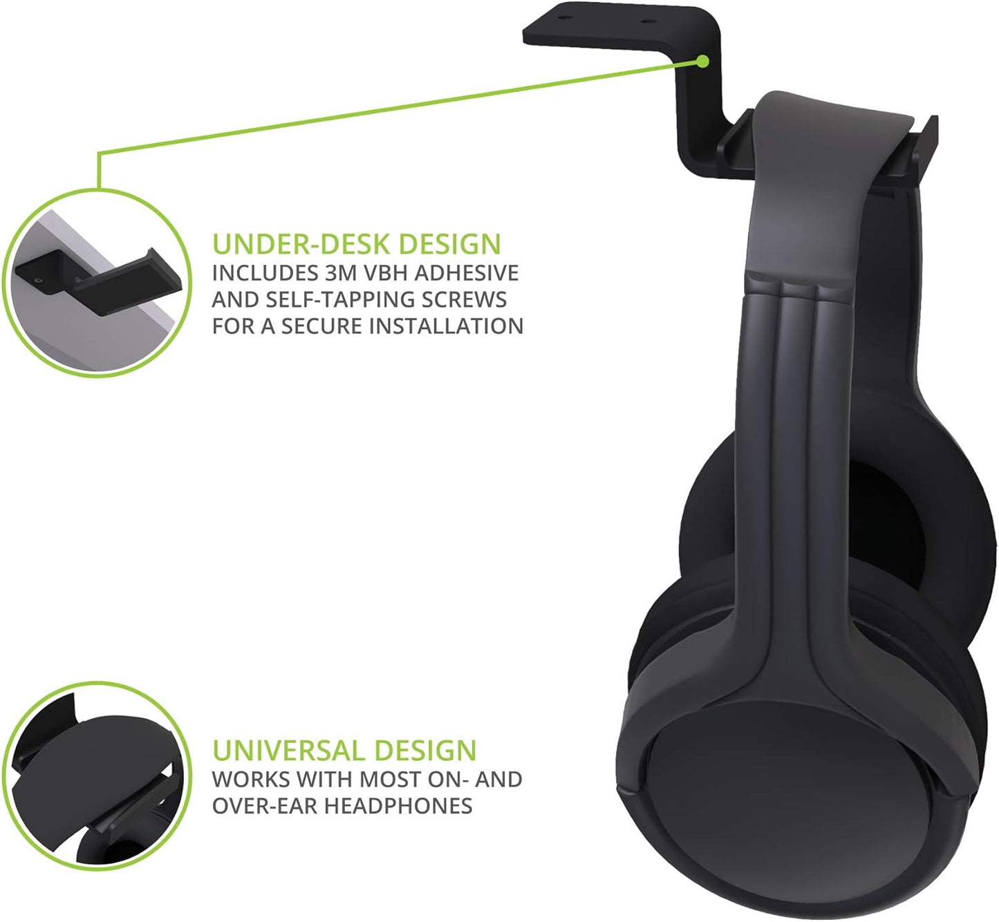 Kanto HHW Universal Under Desk Headphone Hook with Curved Padding | White