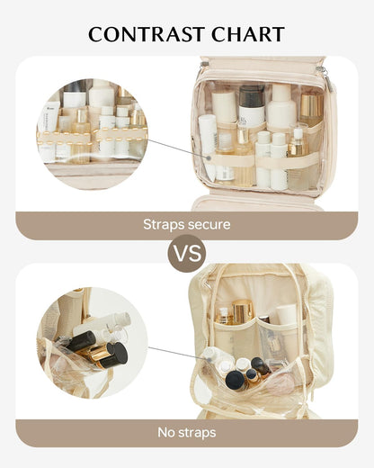 EACHY Toiletry Bag with Hanging Hook, Travel Makeup Bag PU Leather Cosmetic Bags for Women Make Up Organizer with 4 Compartments Waterproof Full-Size Portable Travel Essentials (Beige)
