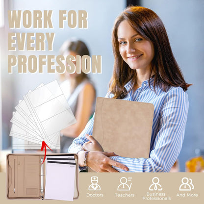 Padfolio Portfolio Folder Binder-Organizer Planner Notebook Zippered Portfolio Padfolio for Women & Men with Document Sleeve,Letter/A4 Size Clipboard,Business Card Holders (Brown Leaf)