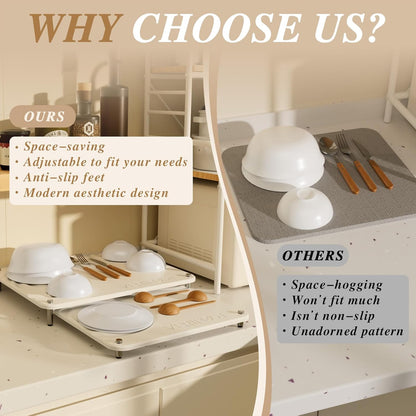 Pearl White 2Pcs Large Stone Dish Drying Mat with Acacia Wood Holder Stand for 1 Inch Cutting Board and Stone Drying Mat for Kitchen Counter Quick Dry Diatomaceous Earth Mat for Kitchen Counter