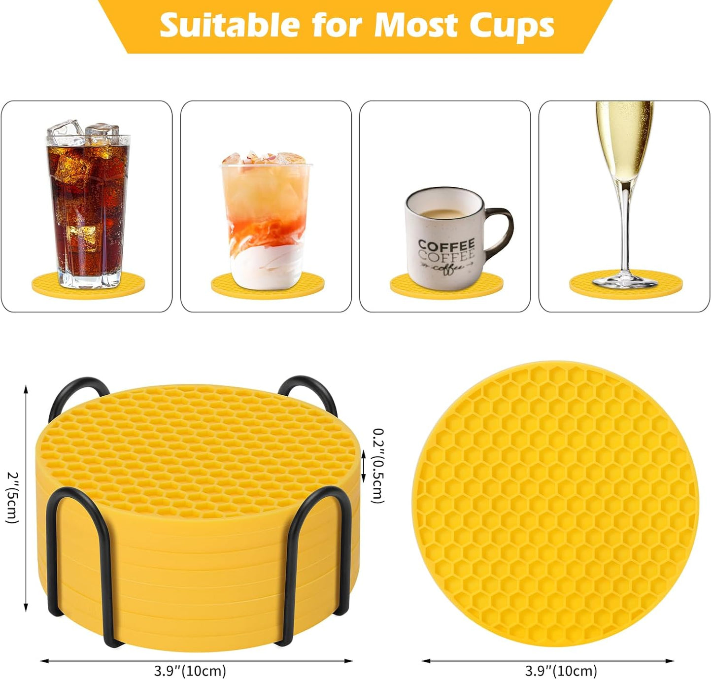 TWTLi Silicone Coasters Set of 8 with Holder,Coasters for Drinks,Beer,Coffee Coasters,Suitable for Kinds Cups,Hot or Cold,Anti-SLI,Non-Stick,Anti-Overflow Tabletop Protection and Decor (8 Pcs, Black)