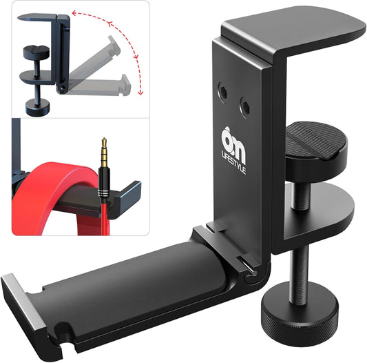 6amLifestyle Foldable All Aluminum Headphone Hook Holder for Desk, Under Desk Headphone Hanger Stand with Cable Organizer, Headset Holder Clamp for PC Gaming Headsets, Bag Hooks Accessories