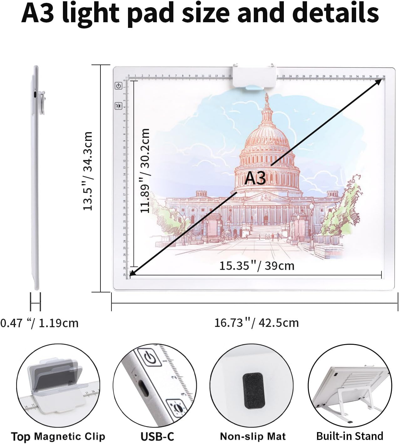 Rechargeable A4 Light Box with Padded Case,led Light pad with Built-in Stand & Clip,6 Levels of Brightness lightbox for tracing,Diamond Painting.Light Table for Artists,Drawing,Sketching,Animation