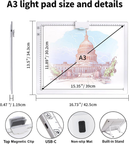 Rechargeable A4 Light Box with Padded Case,led Light pad with Built-in Stand & Clip,6 Levels of Brightness lightbox for tracing,Diamond Painting.Light Table for Artists,Drawing,Sketching,Animation