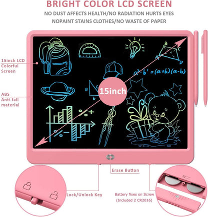 FLUESTON LCD Writing Tablet for Kids, 10 Inch Doodle Board, Colorful Drawing Pad for Toddler, Educational Travel Toy Gifts for 3-8 Year Old Girls Boys, Erase Lock Writing Board - Pink