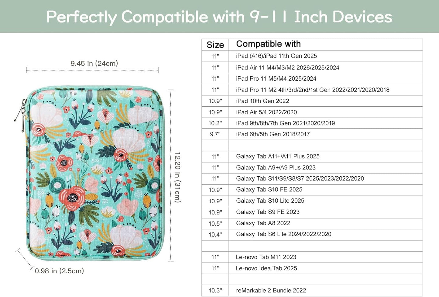Dadanism 9-11" Tablet Sleeve Bag Carrying Case for iPad (A16) 11th Gen 11", iPad 10th Gen 10.9" Air 5/4, iPad Air M4/Pro 11", iPad 9/8/7th, Galaxy Tab A11+ Plus 11", Remarkable 2 10.3", Black