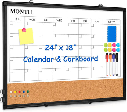 Weekly Dry Erase Calendar Whiteboard for Wall, 24" x 18" Double-Sided Weekly Planner White Board Cork Combo, Hanging & Wall Mount Week Bulletin Board with Notes for Home, Office, School, Kitchen