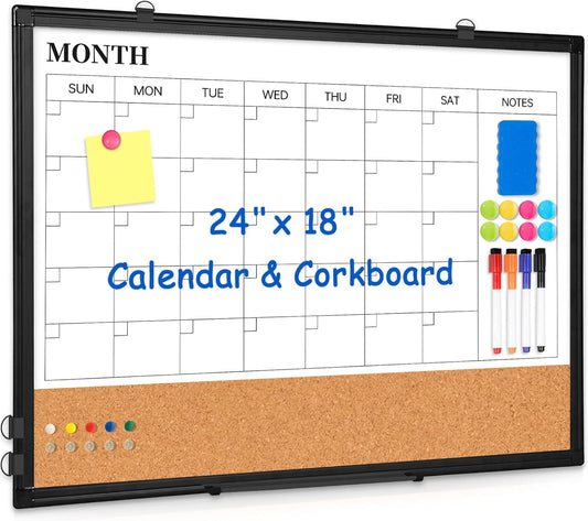 Weekly Dry Erase Calendar Whiteboard for Wall, 24" x 18" Double-Sided Weekly Planner White Board Cork Combo, Hanging & Wall Mount Week Bulletin Board with Notes for Home, Office, School, Kitchen