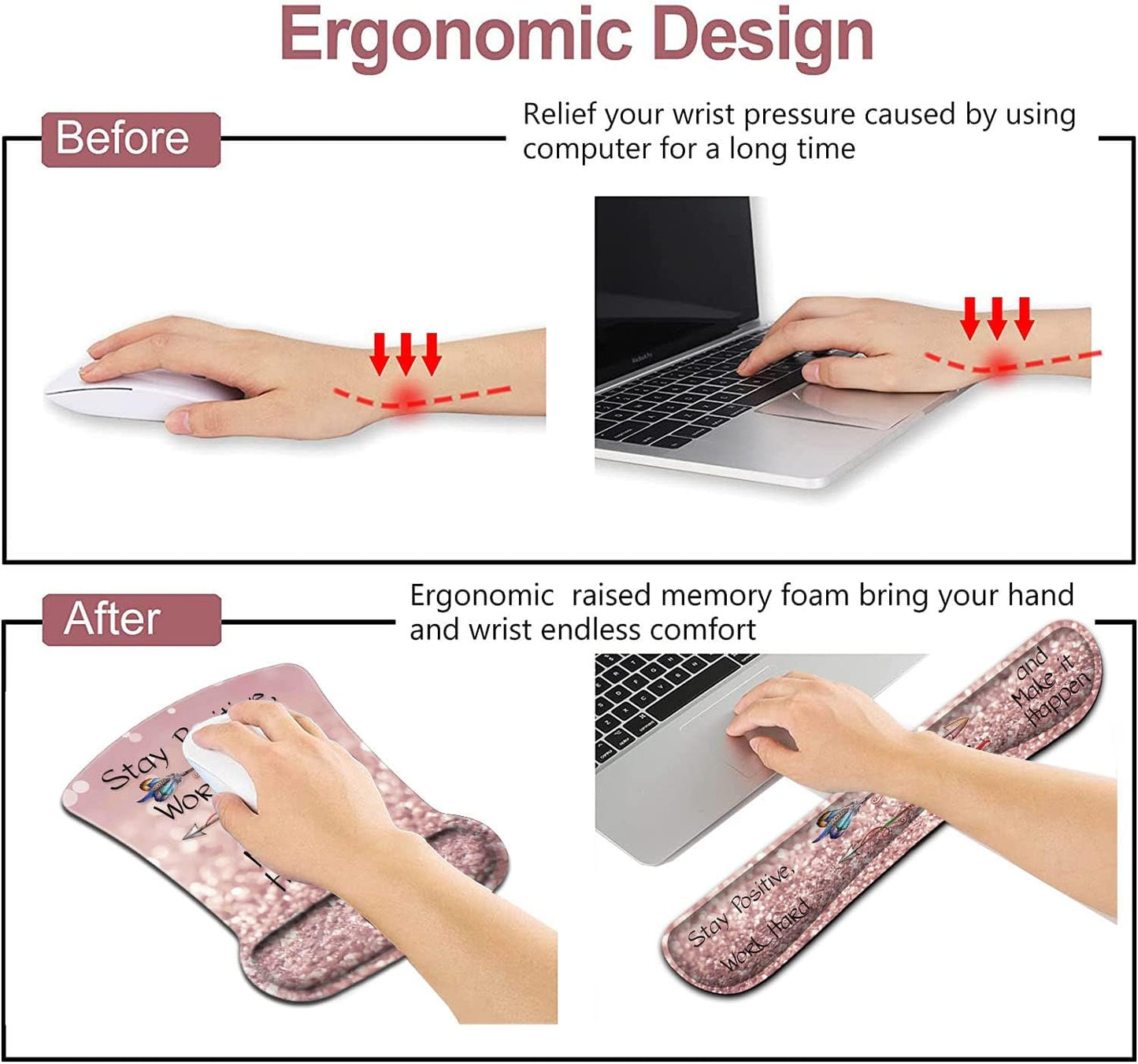 Mouse Pad with Wrist Support, Ergonomic Gel Mouse Pad Beautiful Flowers,Non-Slip Durable, Memory Foam Keyboard Wrist Rest, Suitable for Office Typing Games, Pink Hyacinths on Wood Panel