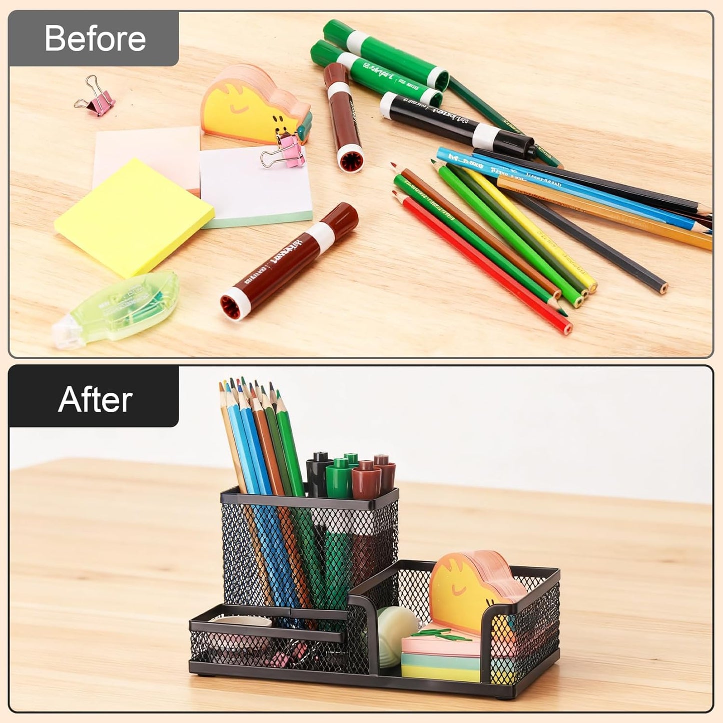 Comix 360° Rotating Pen Holder for Desk, 5 Compartments Office Desk Organizer, Black Mesh Metal Pencil Holder Cup for Office Home School