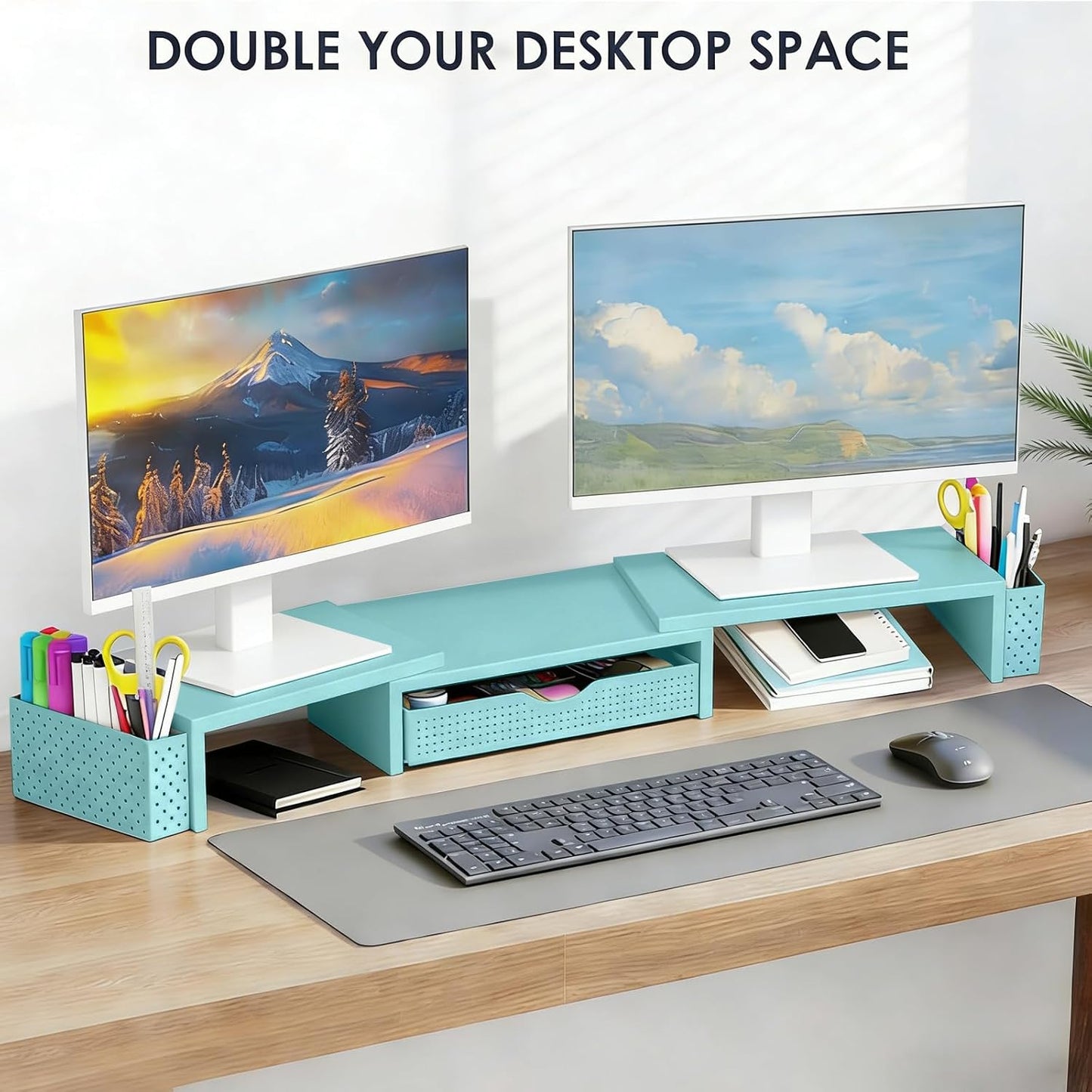 Spacrea Metal Desk Organizers and Accessories, Dual Monitor Stand Riser with Drawer and 2 Pen Holders, Desk Accessories & Workspace Desktop Organizers for Office Supplies (Wood)