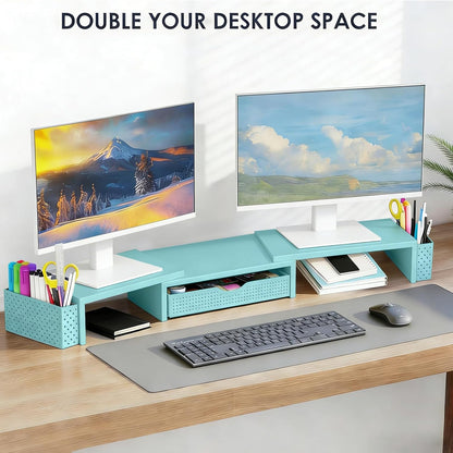 Spacrea Metal Desk Organizers and Accessories, Dual Monitor Stand Riser with Drawer and 2 Pen Holders, Desk Accessories & Workspace Desktop Organizers for Office Supplies (Wood)